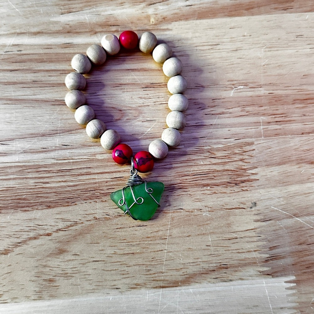 Handmade Wood Bead Stretch Bracelet Green Sea Glass Wire Wrap Boho